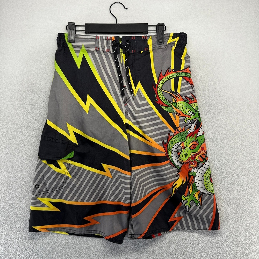 Vintage Joe Boxer Board Shorts Mens Small Gray Dragon Swim Y2K Surf Baggy 11"